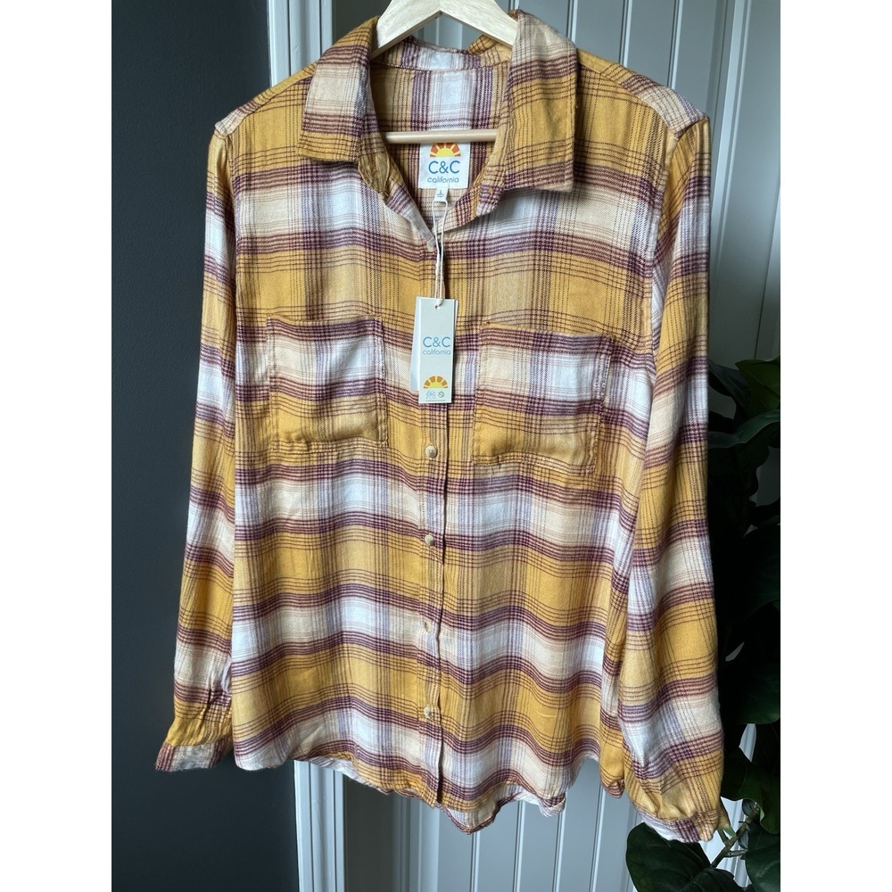 C&C California Women's Plaid Flannel Button-Up Yellow White Purple w/ Pocket NWT